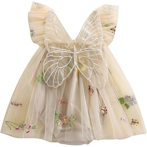 Newborn Infant Baby Girls Clothes Flower Butterfly Embroidery Sleeveless Romper Tulle Mesh Dress Toddler Bodysuit