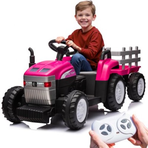 XCLOUD 12V Toy Tractor with Trailer, Remote Control, Kids' Electric Excavator Vehicles with 2x35W Dual Motor, Treaded Tires, LED Lights, USB, Music, Pink