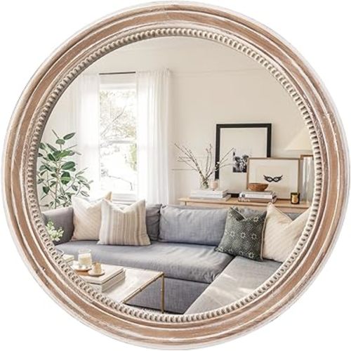 sawsile Round Wooden Mirror,24" Farmhouse Rustic Circle Mirror,Nature Beads Vanity Accent Decorative Mirrors for Fireplace,Bathroom,Hallway,Bedroom,Living Room…
