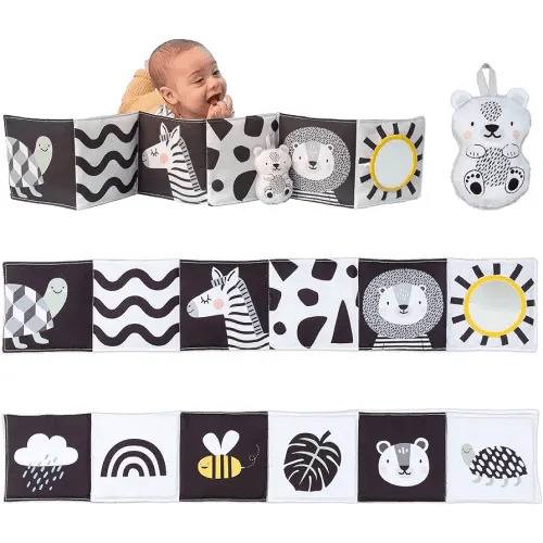 Taf Toys Newborn Soft Activity Book Black & White High Contrast Baby Book Infant Sensory Toys Tummy Time Soft Cloth Books for Babies Textured Fabric Crinkling Shapes Patterns 0-12 Months Newborn Toys