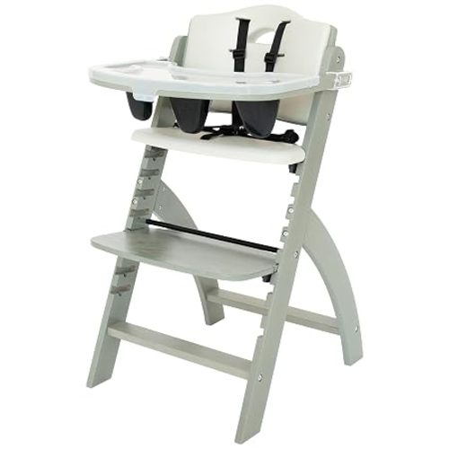 Abiie Beyond Junior Wooden High Chair for Babies and Toddlers - Convertible 3-in-1 Baby Highchair with Removable Tray - 6 Months to 250 Lb - Water Resistant - Natural Wood/Black Pearl Cushion