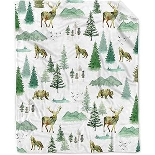 Woodland Animal Baby Blanket for Boy Girl Chirstmas Gift,Neutral Forest Pine Tree Bear Deer Wolf Flannel Nursery Blanket, Soft Cozy Newborn Toddler Infant Kid Crib Bedding 40''x 50'' for Child