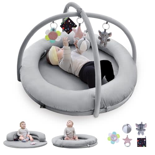 Hiseeme 5 in 1 Baby Play Gym, Thick & Plush Baby Playmats, Tummy Time Mat with 5 Toys for Sensory & Motor Skill Development, Baby Activity Mat from Newborn to Toddler, Infant Gift Essentials (Grey)