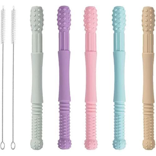 Hollow Teether Tubes, Honboom 5 Packs Soft Silicone Teething Tubes, Baby Soothing Teether Toy, Chew Straw Toy for Babies 3-12 Months with a Cleaning Brush, Dishwasher Safe (6.6in)