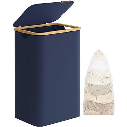 SONGMICS Laundry Hamper with Lid, Large Laundry Basket, 23.8 Gallons (90L), Removable Mesh Liner, Bamboo Handles, Collapsible, 16.5 x 12.6 x 27.8 Inches, Charcoal Blue ULCB509Q01