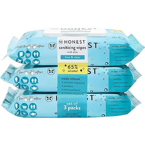 The Honest Company Sanitizing Alcohol Wipes | Kills 99% of Germs, Made With Aloe | Unscented, 150 Count (3 Packs of 50)