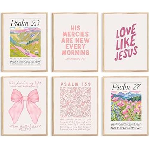 Youillne Pink Christian Wall Decor Bible Verse Canvas Wall Art Religious Scripture Prints Preppy Girls Room Posters Christian Bow Pictures Jesus Trendy Art for Living Room 8x10 Inch Unframed Set of 6
