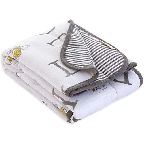 Burts Bees Baby Infant Reversible Blankets 100% Organic Cotton GOTS Certified - A-Bee-C Prints with Quilting Pattern Soft Nursery Blanket with 100% Polyester Fill for Size 30 x 40 Inch