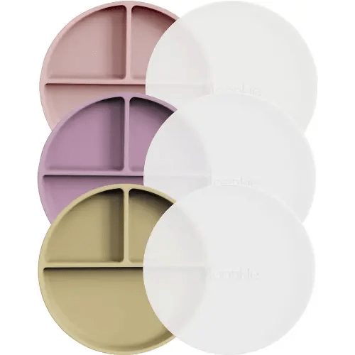 Moonkie Suction Plates for Baby | 100% Silicone BPA-Free Baby Plates with Lids and Food Cover | Divided Design | Microwave and Dishwasher Safe | Toddler Plates 3 Pack