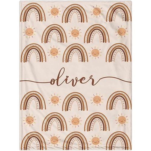 Custom Baby Shower Nursery Blanket, Personalized Blankets with Name, Customized Boho Rainbow Blanket for Girl, Newborn Baby Girls Shower Gifts for Christmas Birthday