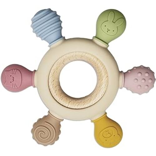 Pepicat Silicone Teething Toys, Natural Wooden Ring with Silicone Teething Cover, Teething Toys for Babies 0-6 Months, BPA Free, Infant Toys for Teething Relief, Baby Chew Toys, Wooden Baby Toy Gifts