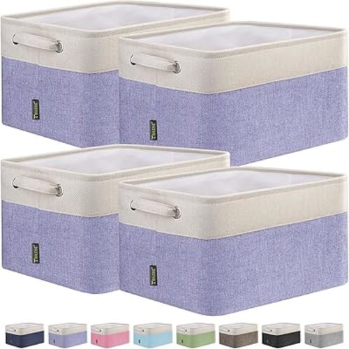 BALEINE 4 Pack Fabric Storage Bins for Shelves, Linen Storage Baskets for Organizing, Decorative Closet Bins for Clothes, Home (Lavender, 12"x8"x8")