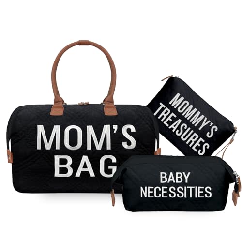 printe Mommy Diaper Bag Tote with 2 Organizers, Large Mom‘s Bag for Hospital & Travel Baby Diaper for Baby Care (Quilted Embroidery-Black)
