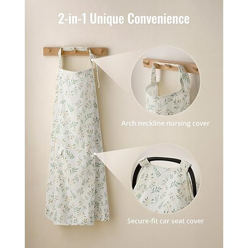Blissful Diary 2-in-1 Muslin Baby Car Seat Cover, Multi-use Nursing Cover for Breastfeeding, Breathable Infant Car Seat Cover Canopy - Botanical Leaf