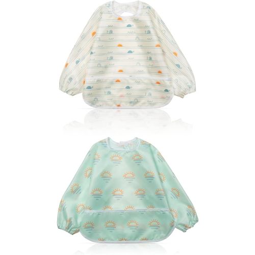 Little Dimsum Mess-Proof Baby Bibs|Infant Toddler Long Sleeve Waterproof Feeding Art Smock|Catching Food & Wipe Clean| Pack of 2 Colors