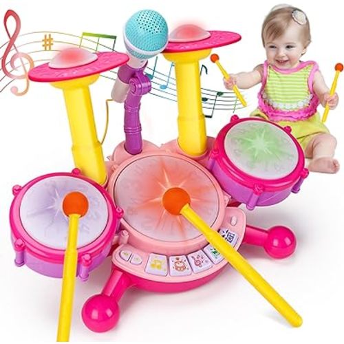 Baby Toys 6-12 12-18 Months Musical Drum Set Toy with 2 Sticks Microphone Pink Toy for 1 2 Year Old Girl Music Instrument Learning Toddlers 0-2 1-3 3-5 Easter Gift for One Year Old Girls