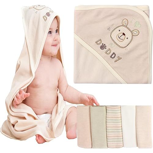 Smluckyg 6 Pack Organic Cotton Baby Bath Set, Ultra Soft Embroidered Hooded Towel and 5 Washcloths, Premium Gentle Newborn, Toddlers Gift for Sensitive Skin, Brown 30 x 30 Inch
