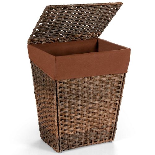 Costway Handwoven Laundry Hamper Foldable w/Removable Liner, Lid & Handles Brown/Grey, Color: Brown