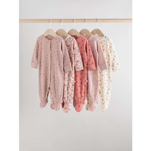 Pink/Rust Ditsy Floral Two Way Zip Baby Sleepsuits 3 Pack (0-2yrs)