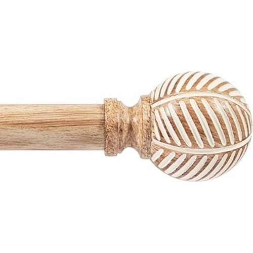 Zeerobee Wood Curtain Rods for Windows 48 to 84, 1 Inch Heavy Duty Drapery Rods with Imitation Wood Grain Leaf Pattern Finials, Indoor/Outdoor Modern Curtain Pole, 32"-86", Brown