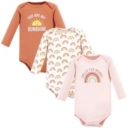 Hudson Baby Infant Girl Cotton Long-Sleeve Bodysuits, Sunshine Rainbows 3-Pack, 3-6 Months