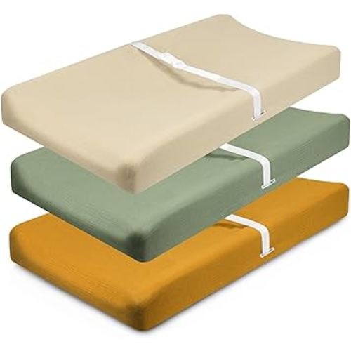 Muslin Changing Pad Cover, MomK!ds 3 Pack Changing Table Cover with Safety Straps Holes, Stretch Ultra Soft Diaper Changing Pad Sheets, Changing Table Sheets Fit 32"/34" x 16" Pads (Sage Green)