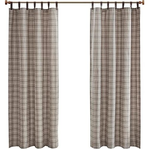 Madison Park Anaheim Cabin Plaid Curtain Window, Thermal Insulated Fleece Lining, Living Room Decor Light Blocking Drape for Bedroom, 1-Single Panel Pack, 50" x 84", Faux Leather Tab, Brown
