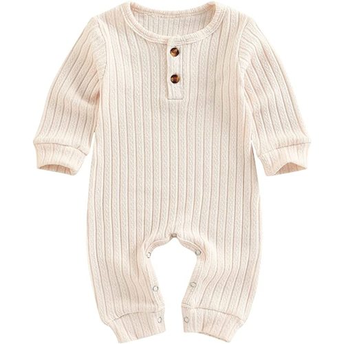 Ynibbim Winter Newborn Baby Boy Girl Solid Romper Unisex Infants Hooded Outfit Clothes Waffle Cotton Button Jumpsuits - Ribbed Apricot - 0-3 Months