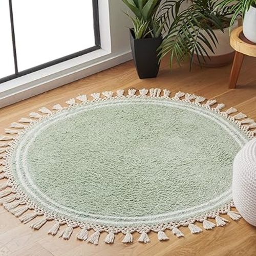 SAFAVIEH Easy Care Collection Area Rug - 4' Round, Teal & Ivory, Handmade Border Tassel, Machine Washable Ideal for High Traffic Areas in Living Room, Bedroom (ECR201J)
