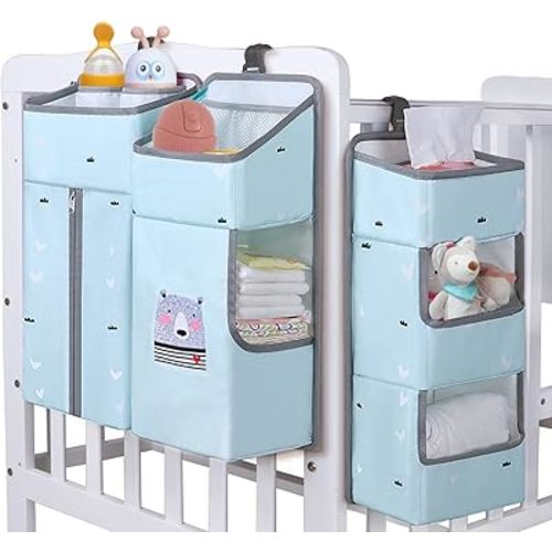 Hanging Diaper Caddy Organizer for Baby Crib - 3-in-1 Diaper Stacker for Changing Table Nursery Organization Storage Holder for Baby Essentials Attachment Portable Combining (Sky Blue)