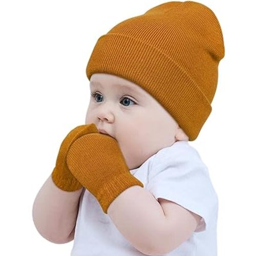 Baby Beanie Hat Gloves Set, Kids Winter Warm Knit Hat with glvoes,Toddler Soft Beanie for Little Boys Little Girls Children