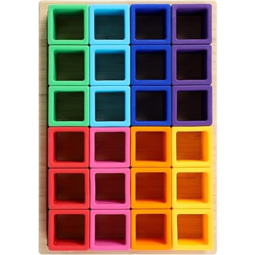 BLUE GINKGO Silicone Rainbow Blocks – [24 PC] Giftable Soft Blocks for Kids, BPA-Free Montessori Stacking Toy with Sorting Tray (Vibrant)