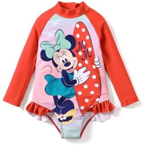 Disney Princess Frozen Elsa Minnie Stitch One Piece Swimsuit Rashguard Bathing Suit UPF 50+Toddler Girl Long Sleeve Swimwear