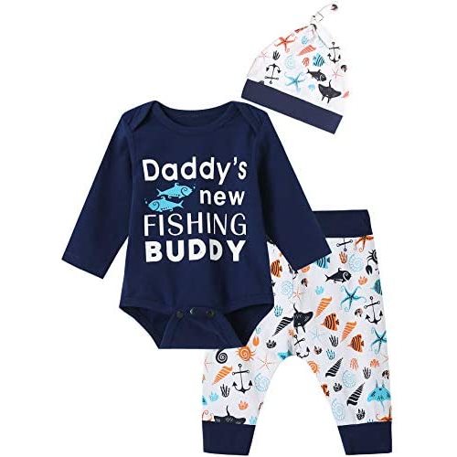 3PCS Baby Boys' Daddy's New Fishing Buddy Outfit Set Short Sleeve Bodysuit