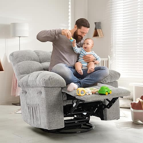 Recliner Chair, 360° Swivel Rocker Chair for Small Spaces,Upholstered Fabric Glider Nursery Chair with Side Pockets for Living Room,Q235 Steel Frame,Chenille Fabric, Tool-Free Assembly