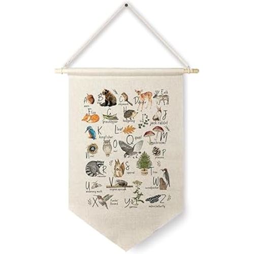 Qpenm Woodland Animals Alphabet Hanging Wall Canvas Banner, Wild Animal Nursery ABC Educational Hanging Pennant Flag Prints Wall Decor Poster&Prints for Toddler Kids Room Playroom Classroom