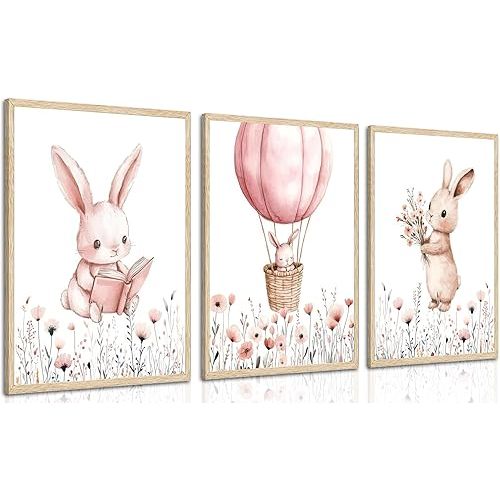 3Pcs Pink Nursery Bunny Wall art Hot Air Balloon Cute Rabbit Wildflowers Painting Pictures Wall Decor Easter Nursery Poster Print Artwork for Girls and Boys Kids Room Baby Room Decor Home Decoration