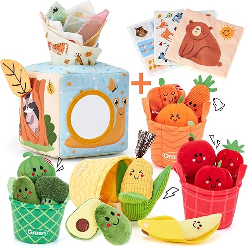 hahaland Baby Tissue Box Toy and Baby Sensory Toys - 16 PCS My First Fruit Vegetable Color Sorting Play Food, Baby Toys 6-12 Months Montessori Toys for 6 Month Old, Boy Girl Shower Gifts for Babies