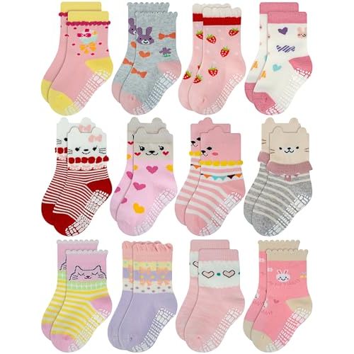 RATIVE Non Skid Anti Slip Cotton Dress Crew Socks With Grips For Baby Infant Toddler Kids Girls