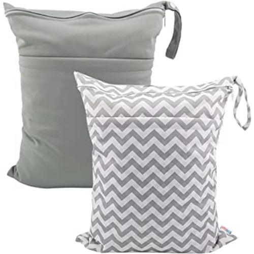 ALVABABY Wet Dry Bag with Two Zippered Pockets 2 Pack Travel Beach Pool Daycare Soiled Reusable Waterproof Yoga Gym Bag for Baby Diaper Swimsuits Wet Clothing Grey Wave
