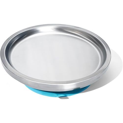 Avanchy Open Baby Plates with Suction – Stainless Steel Divided Plates for Toddlers, BPA-Free, Dishwasher Safe, Unbreakable, Non-Toxic, 100% Silicone Suction – Blue