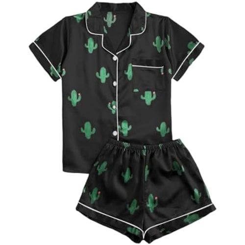Remidoo Women's Short Sleeve Button Down Satin 2 Piece Pajama Set Sleepwear