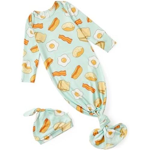 PATPAT Baby Sleeper Gown with Hat for Newborn, Knotted Baby Gown with Fold-Over Mittens for Infant Girl Boy Home Coming Gift, Tasty Food, 0-3 Months