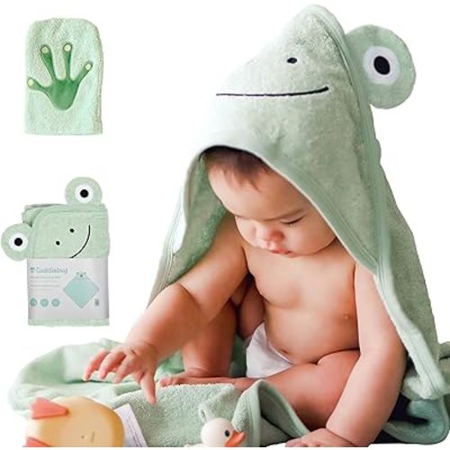 CuddleBug Premium Hooded Baby Bath Towel & Washcloth Set (Frog) - 100% Cotton Terrycloth Hooded Baby Towels for Newborn & Toddler, Super-Soft & Absorbent, Newborn Essentials (30" x 30") - Sage Green