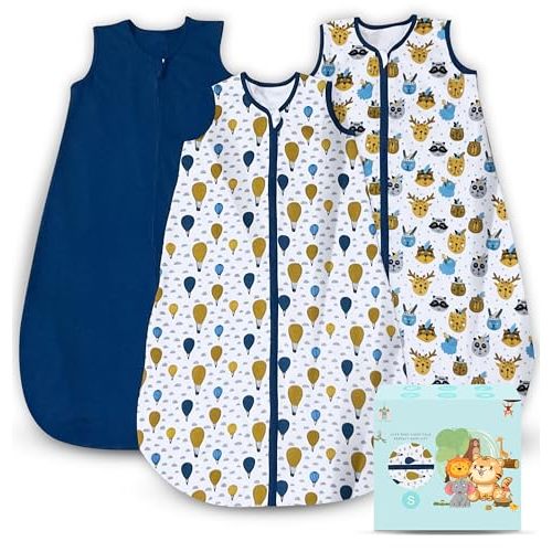 Cute Castle Baby Sleep Sack 0-6 Months - Lightweight 100% Cotton 2-Way Zipper TOG 0.5 Infant Wearable Blanket, Newborn Essentials Toddler Sleep Clothes, 3 Pack(Blue, Balloons, Animals)