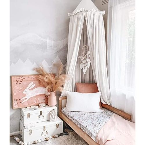 Kids Bed Canopy with Frills Cotton Cover Net for Crib Reading Nook Curtain Hideaway Hanging Round Tent Nursery Bedding Play Room Decor
