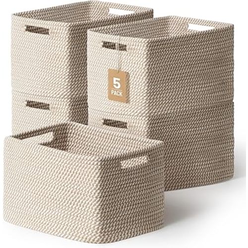 5 Pack Woven Storage Baskets for Shelves, Decorative Basket Organizer Storage Bins for Toys, Books, Clothes, Closet, Nursery, Bathroom – Cotton Rope Shelf Baskets for Organizing and Decor, Khaki