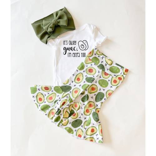 Avocado Baby Bell Bottom and Bow Set, Taco Guac I'm Extra Baby Girl Bells, Newborn Coming Home Outfit, Baby Shower Gift