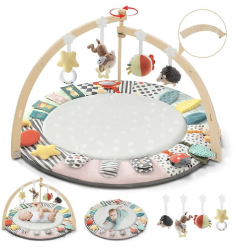 Baby Play Mat Activity Gym,6 Developmental Zones Tummy Time Mat, Foldable Wooden Baby Play Gym with 7 Detachable Sensory Toys for Newborn Brain Development, Essential Baby Shower Set