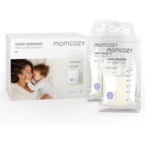 Momcozy Breastmilk Storage Bags, Temp-Sensing Discoloration Milk Storing Bags for Breastfeeding, Disposable Milk Storage Bag with 6oz Self Standing, No-Leak Milk Freezer Storage Pouches, 50pcs